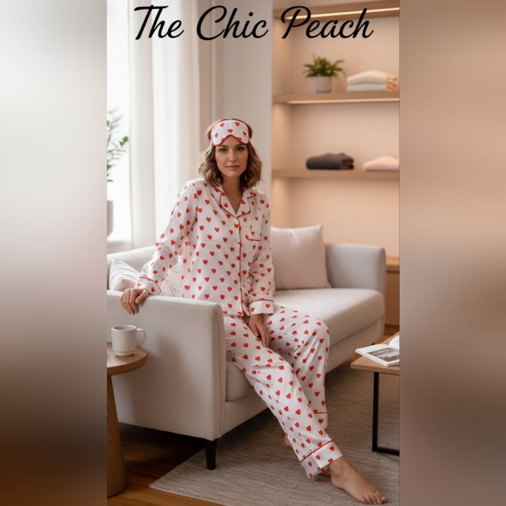 ❤️🤍Women's Heart Print Pajama Set - White and Red❤️🤍 Silky feel Size M